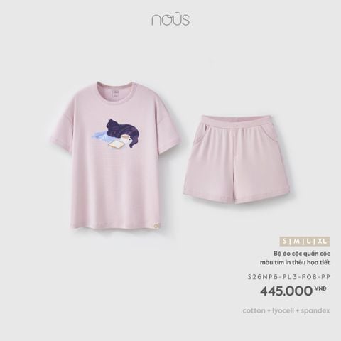  Bộ áo cộc quần cộc màu tím in thêu họa tiết F08 