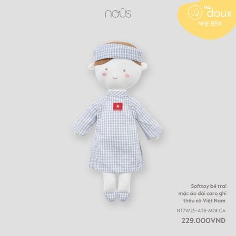  Softtoy BÉ TRAI mặc áo dài caro ghi thêu cờ Việt Nam 