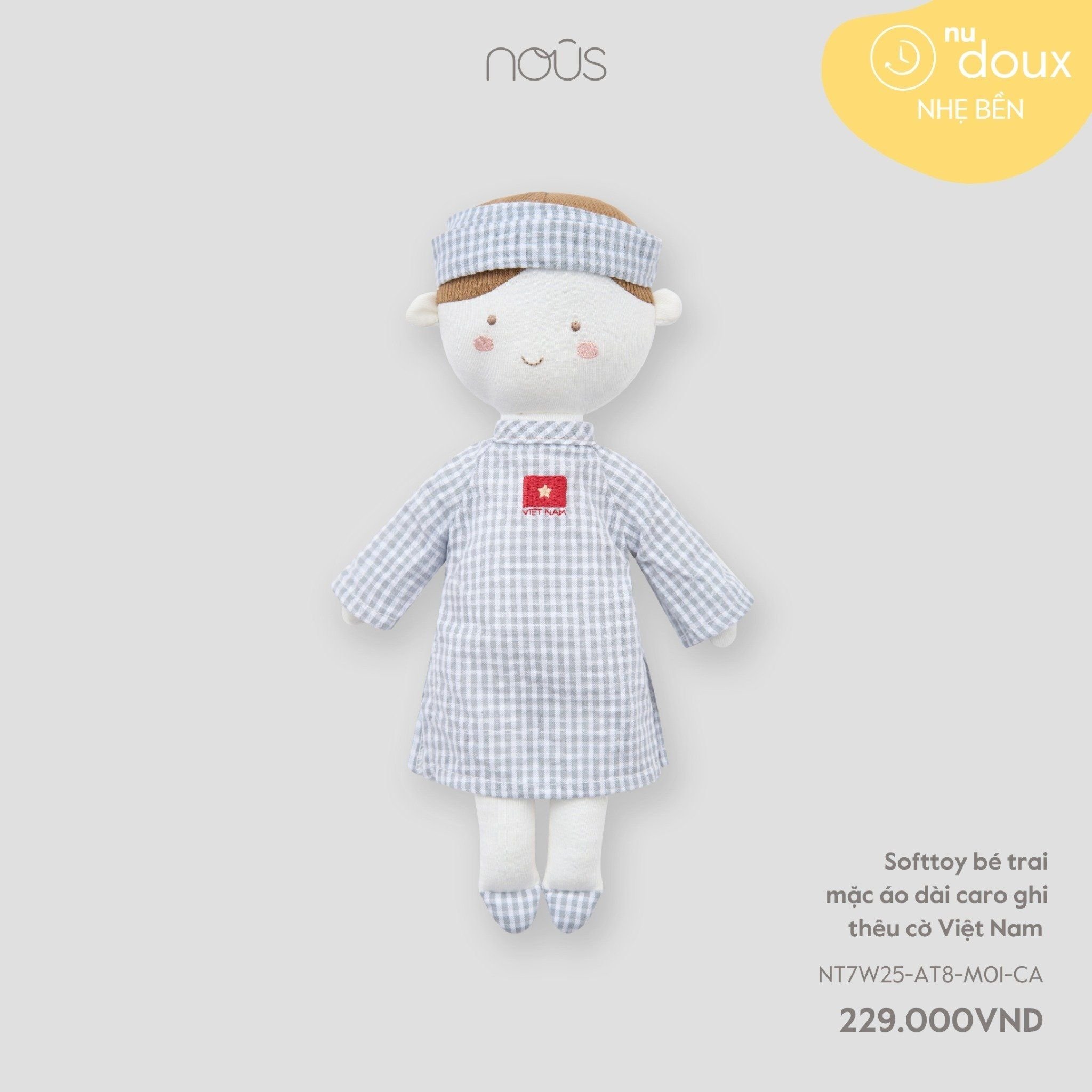  Softtoy BÉ TRAI mặc áo dài caro ghi thêu cờ Việt Nam 