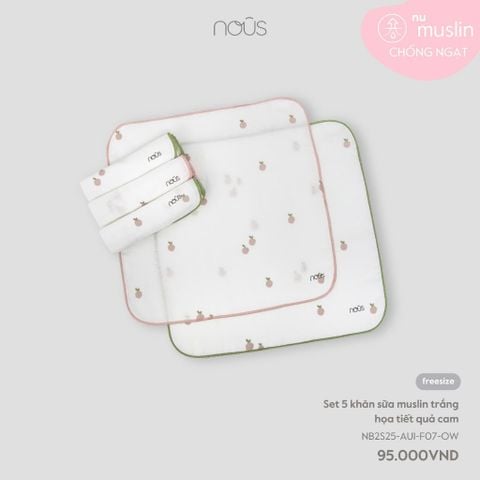  Set 5 khăn sữa muslin trắng họa tiết quả cam 