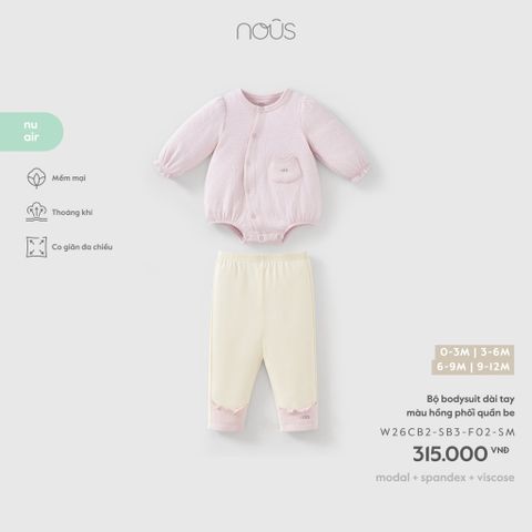  Bộ bodysuit dài tay màu hồng phối quần be 