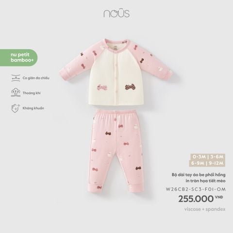 Bộ dài tay áo be phối hồng in tràn họa tiết mèo 