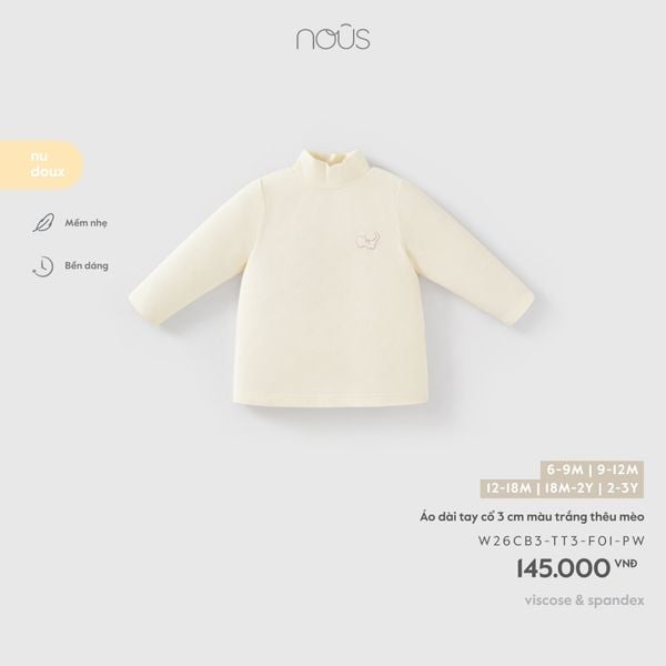  Áo dài tay cổ 3 cm màu trắng thêu mèo F01 