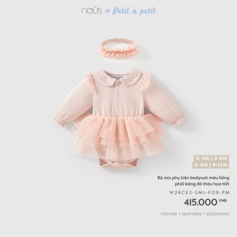  Bộ mix phụ kiện bodysuit màu hồng phối băng đô thêu họa tiết 