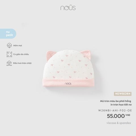  Mũ tròn màu be phôi hồng in tràn họa tiết nơ F02 