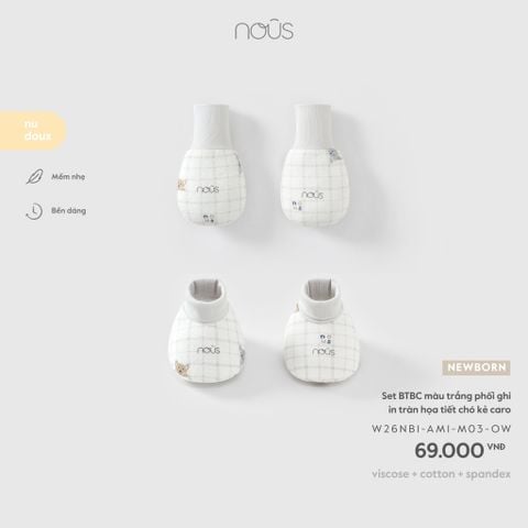  Set BTBC màu trắng phối ghi in tràn họa tiết chó kẻ caro 