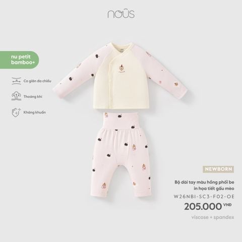  Bộ dài tay màu hồng phối be in họa tiết gấu mèo 