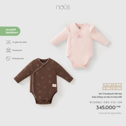  Set 2 bodysuit dài tay màu hồng và nâu in họa tiết 