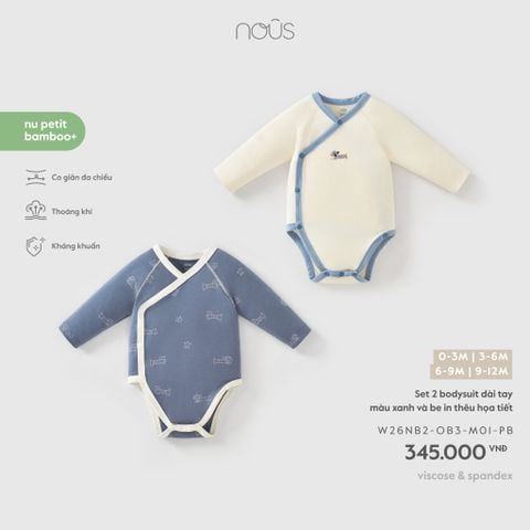 Set 2 bodysuit dài tay màu xanh và be in thêu họa tiết 