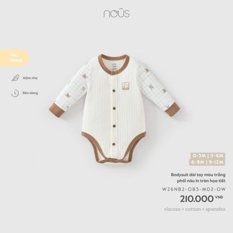  Bodysuit dài tay màu trắng phối nâu in tràn họa tiết 