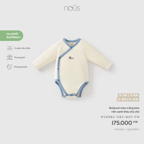  Bodysuit màu trắng kem viền xanh thêu chú chó 