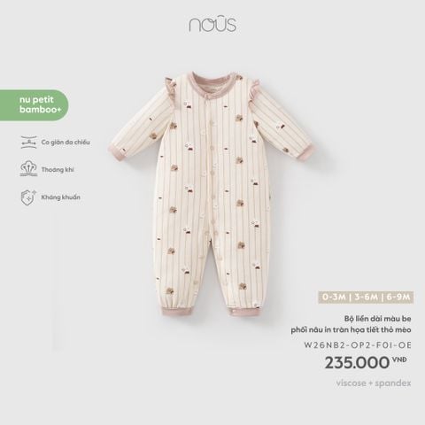  Bộ liền dài màu be phối nâu in tràn họa tiết thỏ mèo 