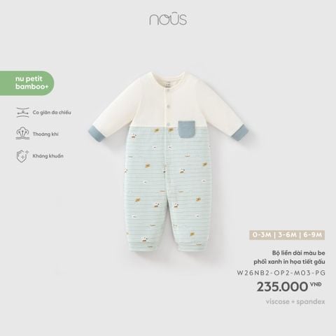  Bộ liền dài màu xanh in họa tiết gấu phối be 