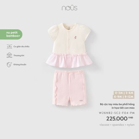  Bộ cộc tay màu be phối hồng in họa tiết con mèo 