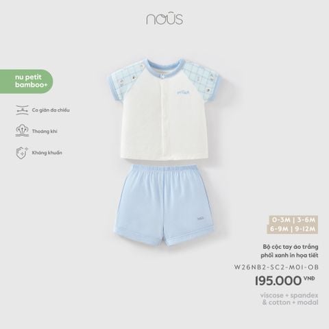  Bộ cộc tay áo trắng phối xanh in họa tiết 