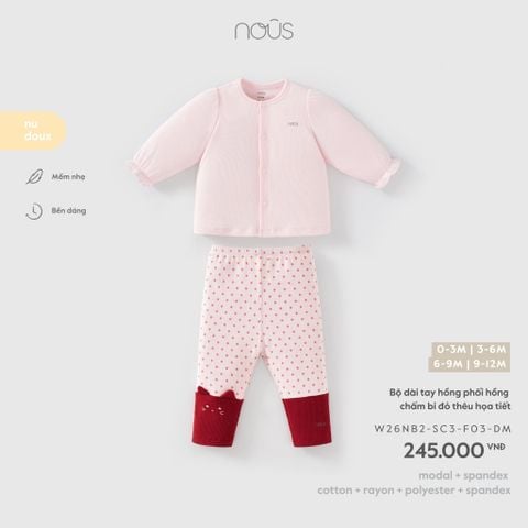  Bộ dài tay hồng phối hồng chấm bi đỏ thêu họa tiết F03 