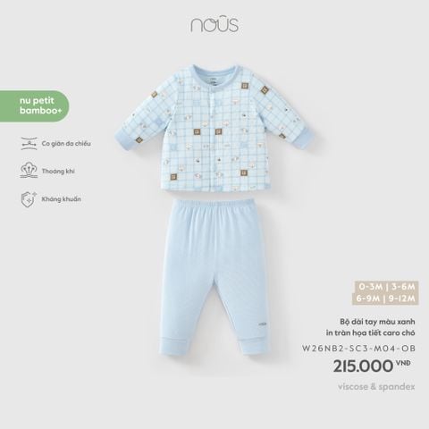  Bộ dài tay màu xanh in tràn họa tiết caro chó 