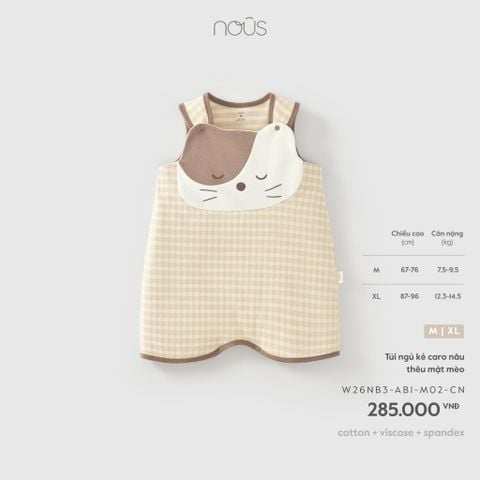  Túi ngủ kẻ caro nâu thêu mặt mèo M02 