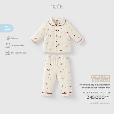  Pyjama dài tay màu be phối đỏ in tràn họa tiết cún sinh nhật F01 