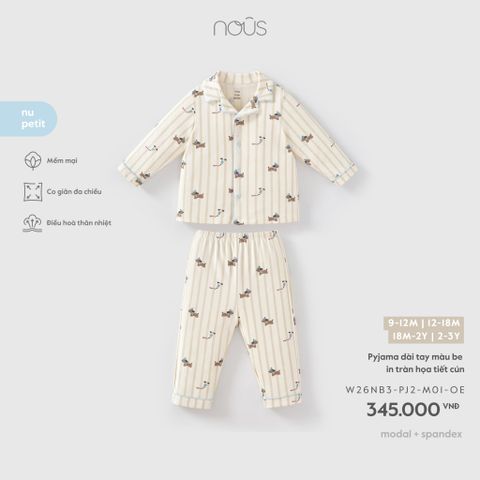  Pyjama dài tay màu be in tràn họa tiết cún M01 