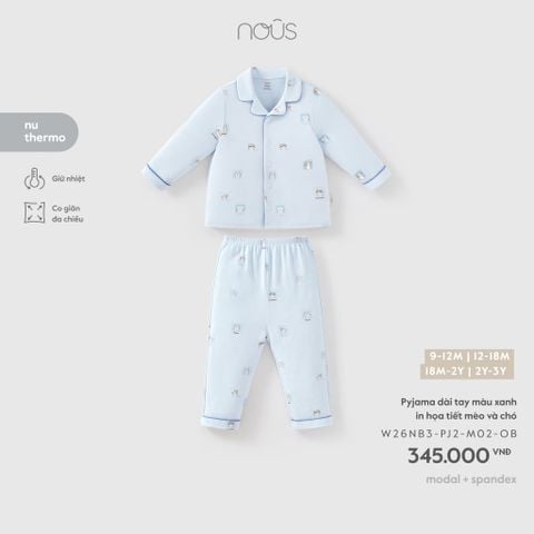  Pyjama dài tay màu xanh in họa tiết mèo và chó 