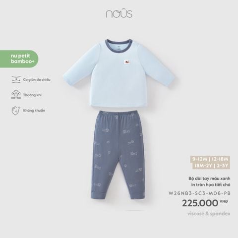  Bộ dài tay màu xanh in tràn họa tiết chó 