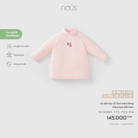  Áo dài tay cổ 3cm màu hồng thêu họa tiết mèo 