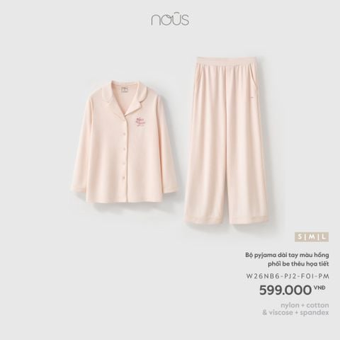  Bộ pyjama dài tay màu hồng phối be thêu họa tiết 
