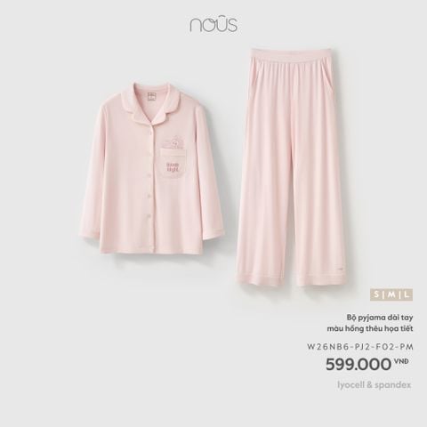  Bộ pyjama dài tay màu hồng thêu họa tiết F02 