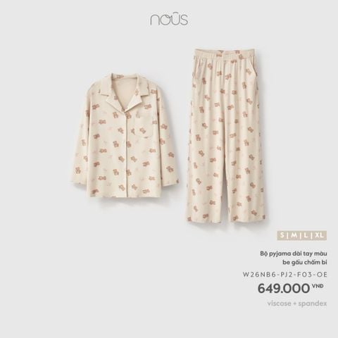  Bộ pyjama dài tay màu be gấu chấm bi 