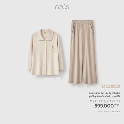  Bộ pyjama dài tay áo màu be phối quần nâu sữa in họa tiết 