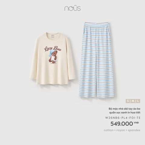  Bộ mặc nhà dài tay áo be quần sọc xanh in họa tiết F01 