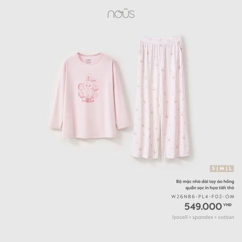  Bộ mặc nhà dài tay áo hồng quần sọc in họa tiết thỏ 