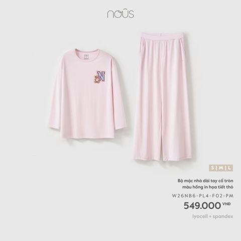  Bộ mặc nhà dài tay cổ tròn màu hồng in họa tiết thỏ 