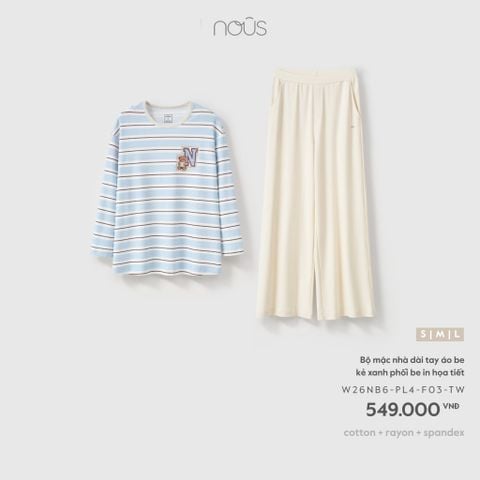  Bộ mặc nhà dài tay áo be kẻ xanh phối be in họa tiết 