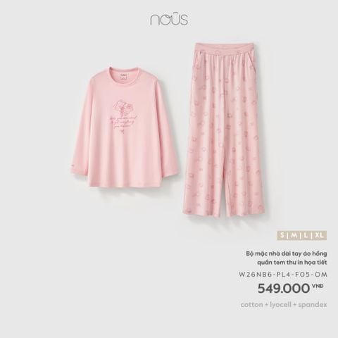  Bộ mặc nhà dài tay áo hồng quần tem thư in họa tiết 