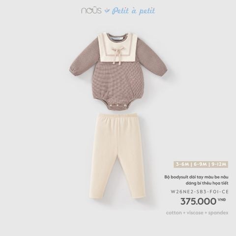  Bộ bodysuit dài tay màu be nâu dáng bí thêu họa tiết 