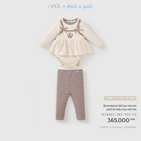  Bộ bodysuit dài tay màu be phối kẻ thêu họa tiết thỏ 