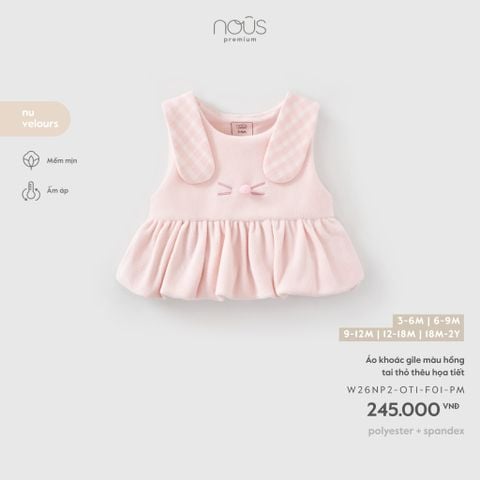  Áo khoác gile màu hồng tai thỏ thêu họa tiết 