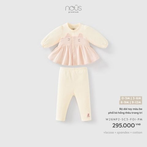  Bộ dài tay màu be phối hồng thêu họa tiết 