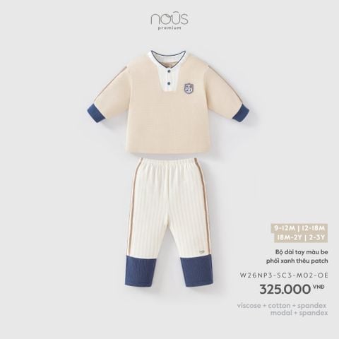  Bộ dài tay màu be phối xanh thêu patch M02 