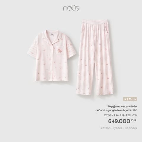  Bộ pyjama cộc tay áo be quần kẻ ngang in tràn họa tiết thỏ 