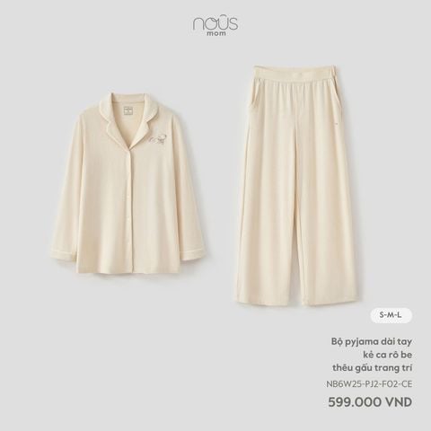  Bộ pyjama dài tay kẻ ca rô be thêu gấu trang trí 