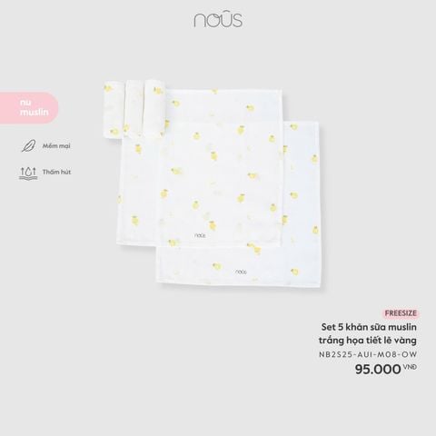  Set 5 khăn sữa muslin trắng họa tiết lê vàng 