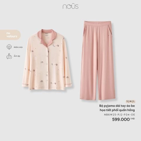  Bộ pyjama dài tay áo be họa tiết phối quần hồng 