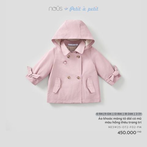  Áo khoác măng tô dài có mũ màu hồng thêu trang trí 