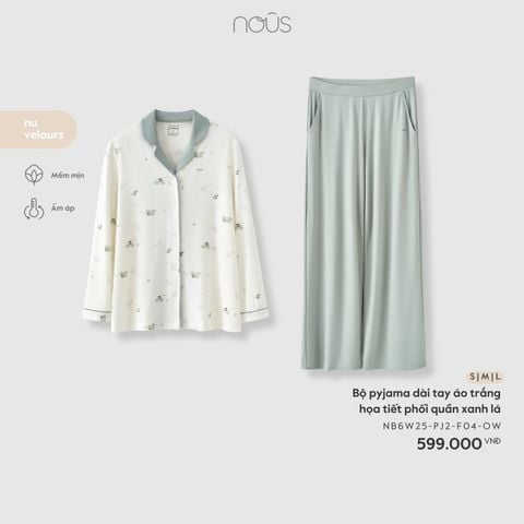  Bộ pyjama dài tay áo trắng họa tiết phối quần xanh lá 