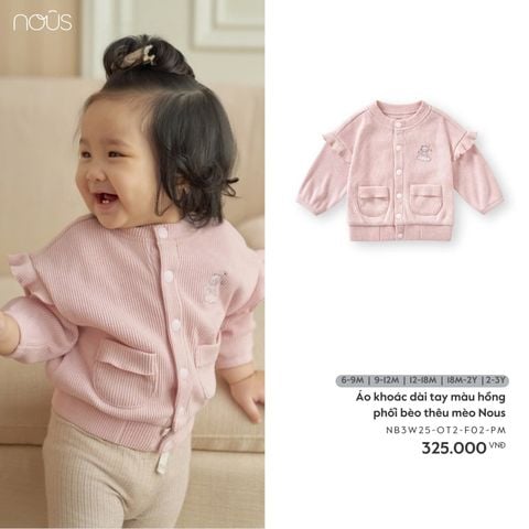  Áo khoác dài tay màu hồng phối bèo thêu mèo Nous 