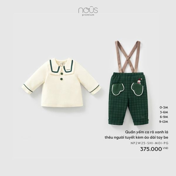  Quần yếm ca rô xanh lá thêu người tuyết kèm áo dài tay be 