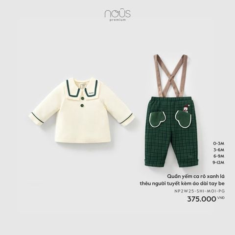  Quần yếm ca rô xanh lá thêu người tuyết kèm áo dài tay be 